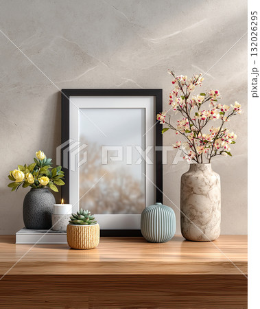 Decorative vases and flowers on wooden table with blank frame Decorative vases and flowers on wooden table with blank frame 132026295