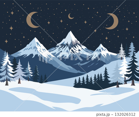 A Beautiful and Serene Winter Night Landscape Featuring Majestic Mountains and Shimmering Stars 132026312