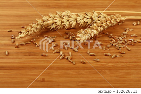 Ears of wheat and grains lying on wooden table 132026513