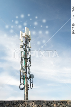 telecommunication mast TV antennas wireless technology with blue sky telecommunication mast TV antennas wireless technology with blue sky 132026618