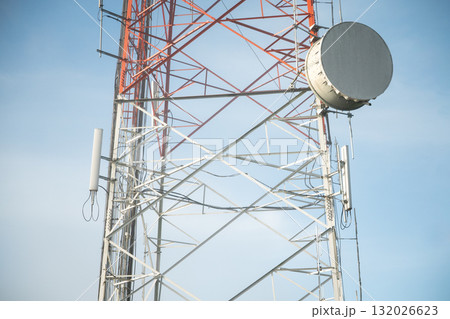 telecommunication mast TV antennas wireless technology with blue sky 132026623