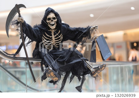 Ai generated Happy funny person in Halloween grim reaper costume having fun in the mall holding shopping bags 132026939