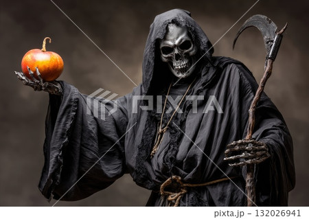 Ai generated Grim reaper holding pumpkin in the dark 132026941