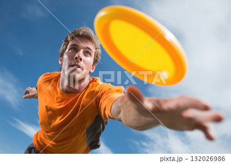 Ai generated Man catching ultimate frisbee disk during outdoor sport 132026986