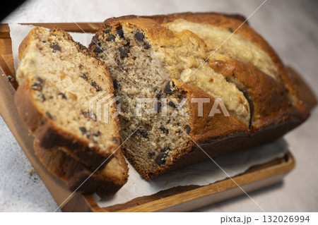 Delicious homemade banana bread sliced and ready to enjoy Delicious homemade banana bread sliced and ready to enjoy 132026994