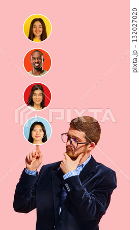 Bold colorful poster. Man choosing candidate from diverse portraits for job recruitment decision 132027020