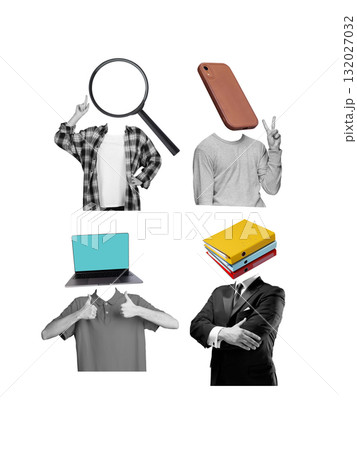 Creative digital artwork of faceless people with symbolic business object heads Creative digital artwork of faceless people with symbolic business object heads 132027032