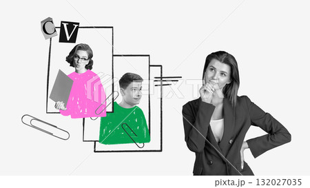 Trendy collage. Businesswoman reviewing creative CVs of two job candidates with thoughtful expression 132027035