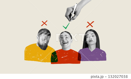 Digital artwork. Hand marking chosen candidate among three diverse people for recruitment 132027038