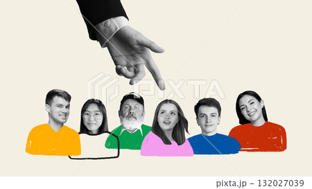 Creative collage. Human hand pointing at person among group of candidates for selection Creative collage. Human hand pointing at person among group of candidates for selection 132027039