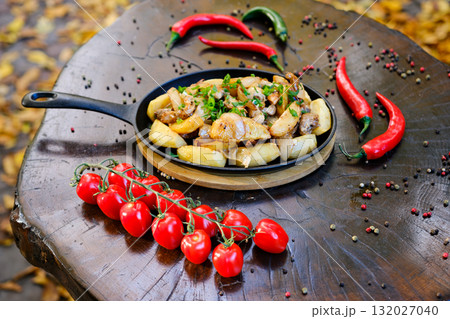 pan with meat and potatoes delicious steak with mashed potatoes and mushroom sauce pan with meat and potatoes delicious steak with mashed potatoes and mushroom sauce 132027040