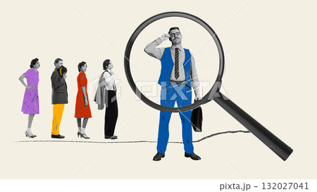 Graphic composition. Magnifying glass highlighting businessman in line of job applicants Graphic composition. Magnifying glass highlighting businessman in line of job applicants 132027041