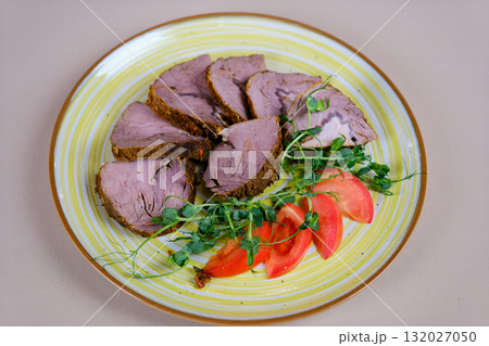 the process of preparing baked pork neck marinade with aromatic spices with salt of pork meat, preparation of pork neck meat for cooking on kebabs 132027050