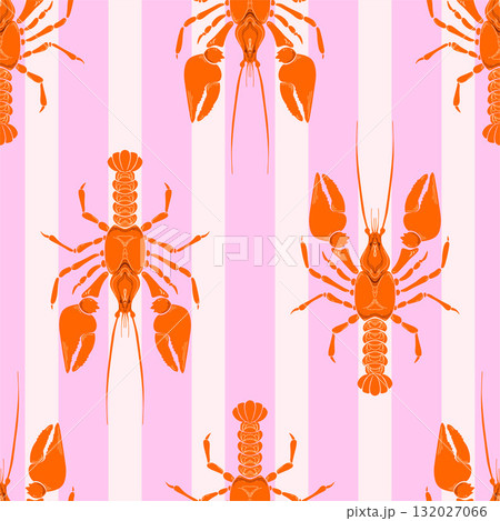 Lobster Whimsical Seamless Pattern on pink striped Background. Vintage coastal print with retro seafood illustration and ocean life. Perfect for marine designs, summer packaging, seaside decor 132027066