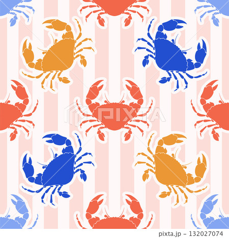 Playful Crab Whimsical Seamless Pattern on pink striped Background. Vintage coastal print with retro seafood illustration and ocean life. Perfect for marine baby prints, nursery decor Playful Crab Whimsical Seamless Pattern on pink striped Background. Vintage coastal print with retro seafood illustration and ocean life. Perfect for marine baby prints, nursery decor 132027074