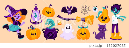 Halloween characters and elements collection in cartoon style 132027085