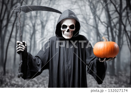 Grim reaper in skeleton mask holding scythe and pumpkin standing in a dark spooky forest Grim reaper in skeleton mask holding scythe and pumpkin standing in a dark spooky forest 132027174