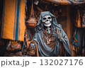 Skeleton wearing a hooded cloak and necklaces in a market stall 132027176