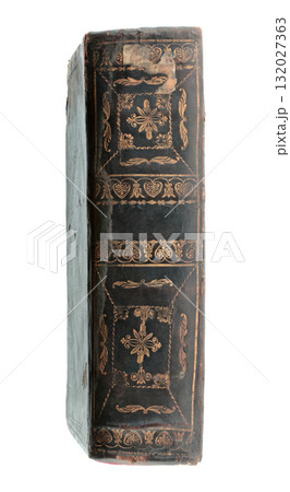 Side view of an antique book spine with aged leather texture and vintage details, isolated on transparent background 132027363