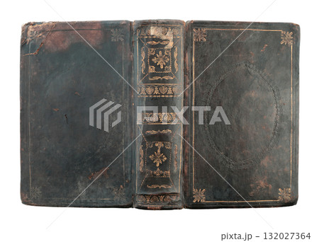 Fully unfolded antique book cover with aged leather texture and vintage look, isolated on transparent background 132027364