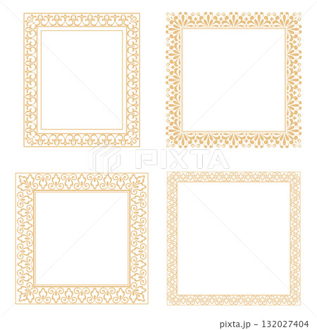 Set of decorative frames Elegant vector element for design in Eastern style, place for text. Floral golden and white borders. Lace illustration for invitations and greeting cards 132027404