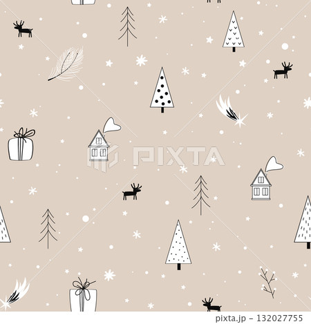 Winter cartoon seamless pattern with trees, houses, present gifts, and deer. Vector illustration 132027755
