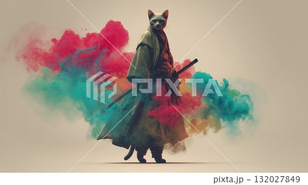 Colorful Samurai Cat in Smoke Colorful Samurai Cat in Smoke 132027849