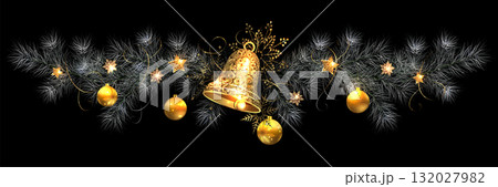 Merry Christmas. Isolated composition of a golden bell and white fir tree branches 132027982