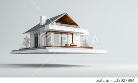 宙に浮かぶミニマルな現代住宅の建築レンダリング 132027984