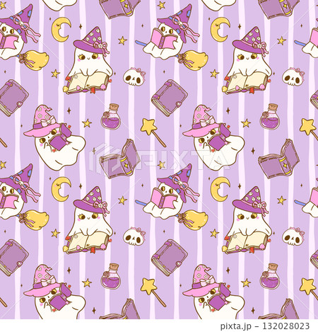 Cute Spooky Halloween Bookish Ghost Seamless Pattern Ghost Witch Reading Books Cartoon Hand Drawn Repeat Background 132028023