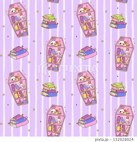 Cute Spooky Halloween Seamless Pattern Bookish Coffin Bookshelf Cartoon Hand Drawn Repeat Background 132028024