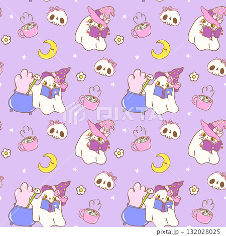 Cute Spooky Halloween Seamless Pattern Bookish Ghost Witch Reading Books Cartoon Hand Drawn Repeat Background 132028025