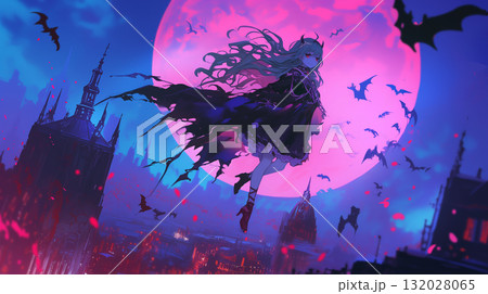 紅い月夜に舞う少女　コウモリと闇が織りなす幻想的な夜 132028065