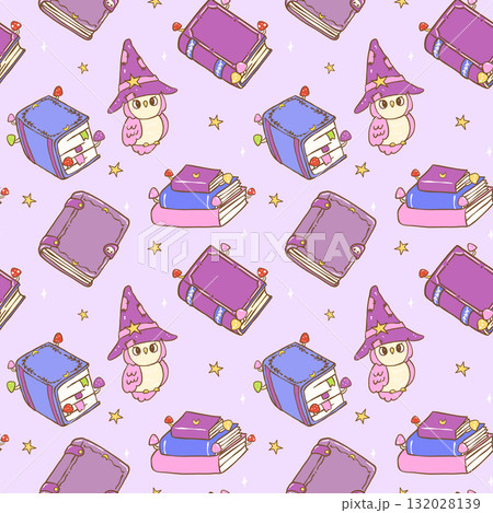 Cute Cottage Halloween Bookish Seamless Pattern Witch Reading Books Cartoon Hand Drawn Repeat Background 132028139