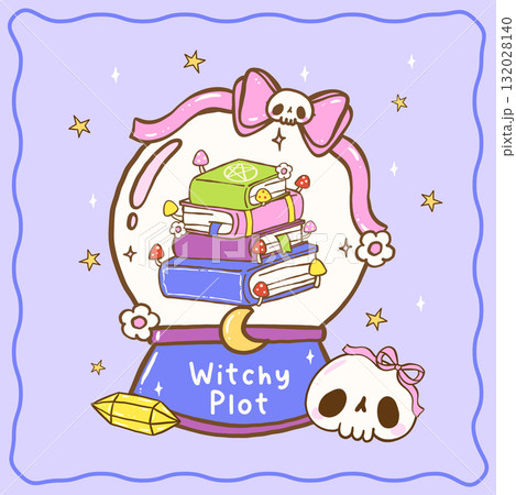 Cute Halloween Bookish Reading Book stacked in Crystal Ball Cartoon Hand Drawn Greeting Card Printable 132028140