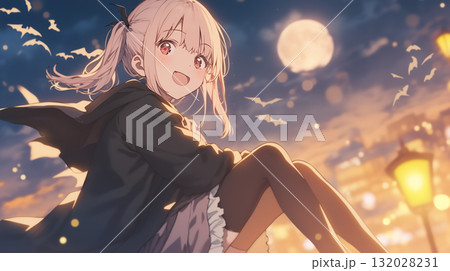 満月に舞う吸血鬼の少女　闇夜に広がる翼と微笑み 132028231