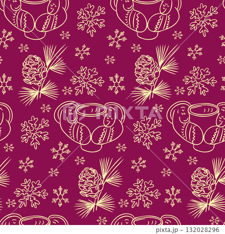 Seamless winter pattern with hand drawn mittens, cup, pinecones and snowflakes on burgundy background Seamless winter pattern with hand drawn mittens, cup, pinecones and snowflakes on burgundy background 132028296