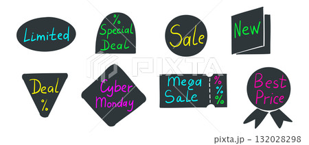 Set of colorful hand drawn sale badges with words like limited, deal 132028298