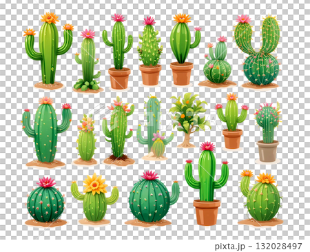 Collection of various green cacti and succulents in terracotta pots and on the ground, some with pink and orange flowers. 132028497