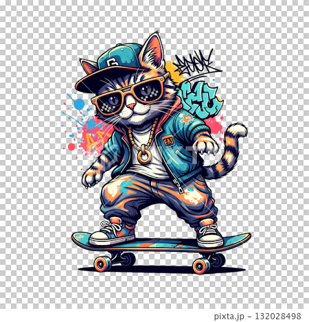 Cartoon cat character skateboarding, wearing a backwards hat, sunglasses, and a jacket with graffiti and bright splatters. 132028498