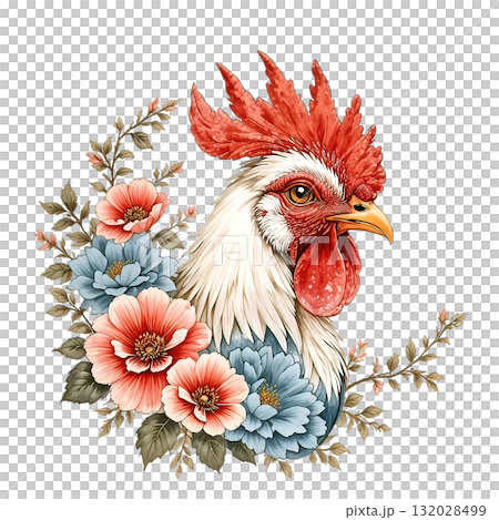 Striking portrait of a rooster head with a red comb, framed by elegant pink and blue floral elements and delicate botanical accents. Striking portrait of a rooster head with a red comb, framed by elegant pink and blue floral elements and delicate botanical accents. 132028499