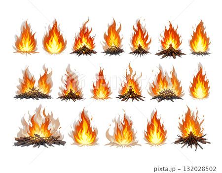 Set of varied campfire and bonfire illustrations showing bright yellow and orange flames over burning wood and kindling, isolated on white. 132028502