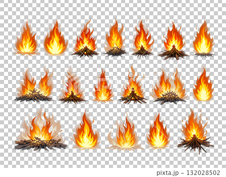 Set of varied campfire and bonfire illustrations showing bright yellow and orange flames over burning wood and kindling, isolated on white. 132028502