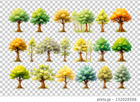 Diverse set of deciduous trees illustrating four seasons with foliage in shades of green, yellow, and orange, for landscape design. Diverse set of deciduous trees illustrating four seasons with foliage in shades of green, yellow, and orange, for landscape design. 132028508