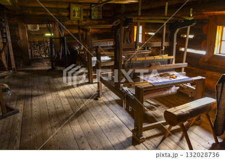 Traditional weaving looms inside a wooden house Zuberec Slovakia 132028736