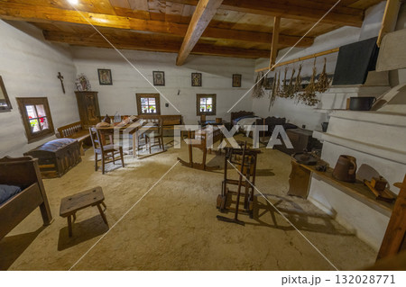 Traditional Slovak village house interior showing historical lifestyle 132028771