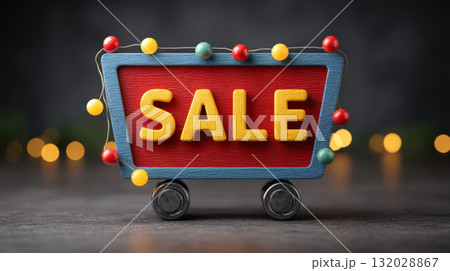 Festive shopping cart with SALE sign and colorful lights, promoting discounts Festive shopping cart with SALE sign and colorful lights, promoting discounts 132028867