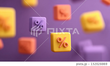 Colorful 3D blocks with percentage symbols float against purple background, creating playful and dynamic scene 132028869