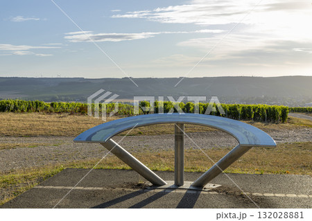 Panoramic viewing table overlooking Chablis vineyard landscape 132028881
