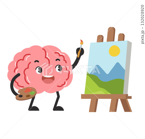 Brain Painting Landscape on Easel Illustration 132028920